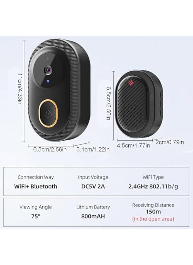 2024 Smart Doorbell with 75° Viewing Angle Smart Wireless Remote Video Doorbell Intelligent Visual Doorbell Two Way Audio Home HD Night Vision WiFi Door Doorbell (Black)