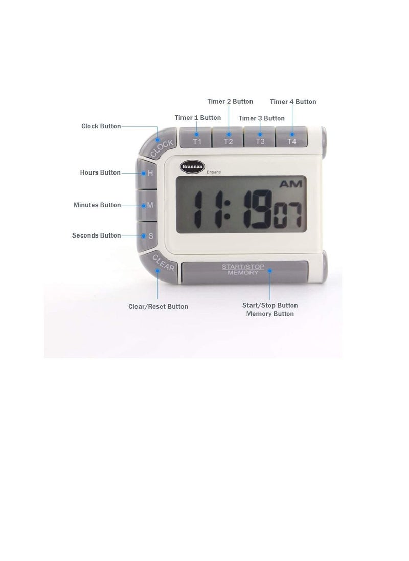 Brannan Four Way Countdown Timer & Clock - 24 Hour Count Down & Count Up Kitchen Timer - Large Easy To Read Display