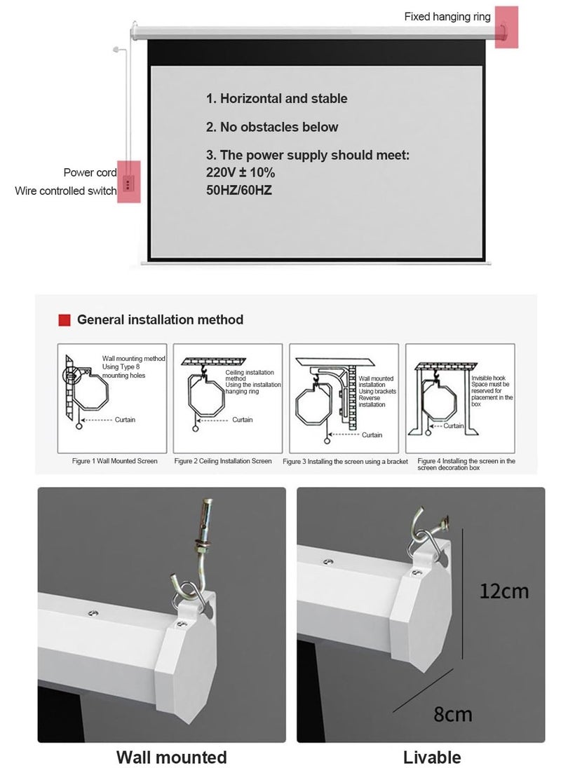 84-100-120 Inch 16:9 Wall Mount Electric Projector Screen Motorized Projection Curtain with Remote Control For Business/School/Office/Meeting