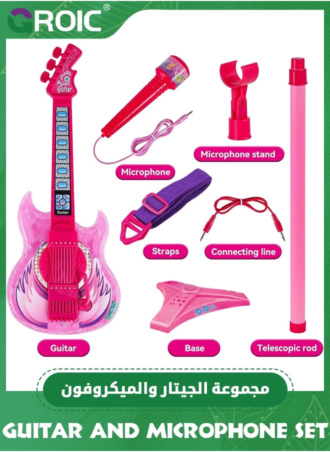 Guitar and Microphone Play Set for Girls,Karaoke Machine with Music&Light,Microphone Toys with Stand, Adjustable Height Guitar Toys for Kids, Toddlers, Child (Pink)