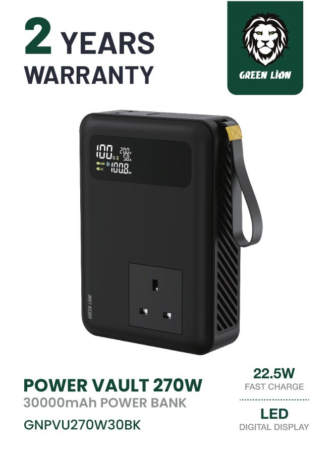 Power Vault 270W 30000mAh Power Bank / PD 100W Fast Charging / Built in Cooling Fan / LED Digital Display / 150W AC Out / 120W DC Out / Built in AC Socket / x1 USB-A & x2 Type-C - Black