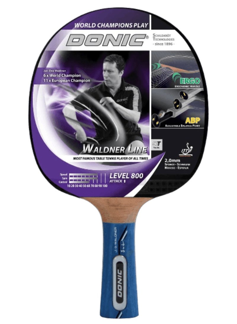 Donic TT Bat - WALDNER 800 - Plastic hanger (2021v)- Attack, Vari-Slick rubber, 2.0mm sponge, ABP, 'Donic' epoxy lens, concave and ergo handle.