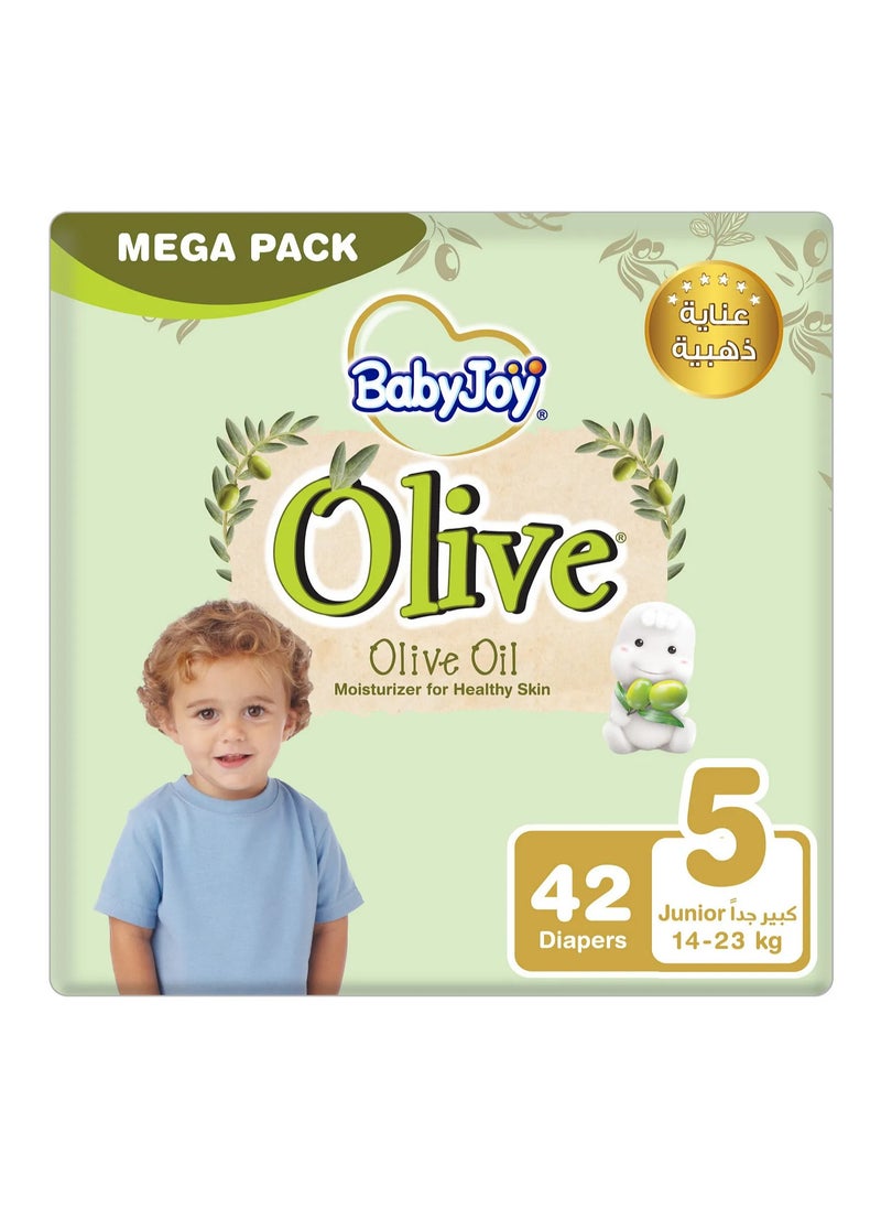 BabyJoy Olive Tape Style Diapers, 42 Pieces, Junior Size 5 Mega Pack, 14-23kg - Gentle Olive Moisturising, Breathable, Compressed Air Channel