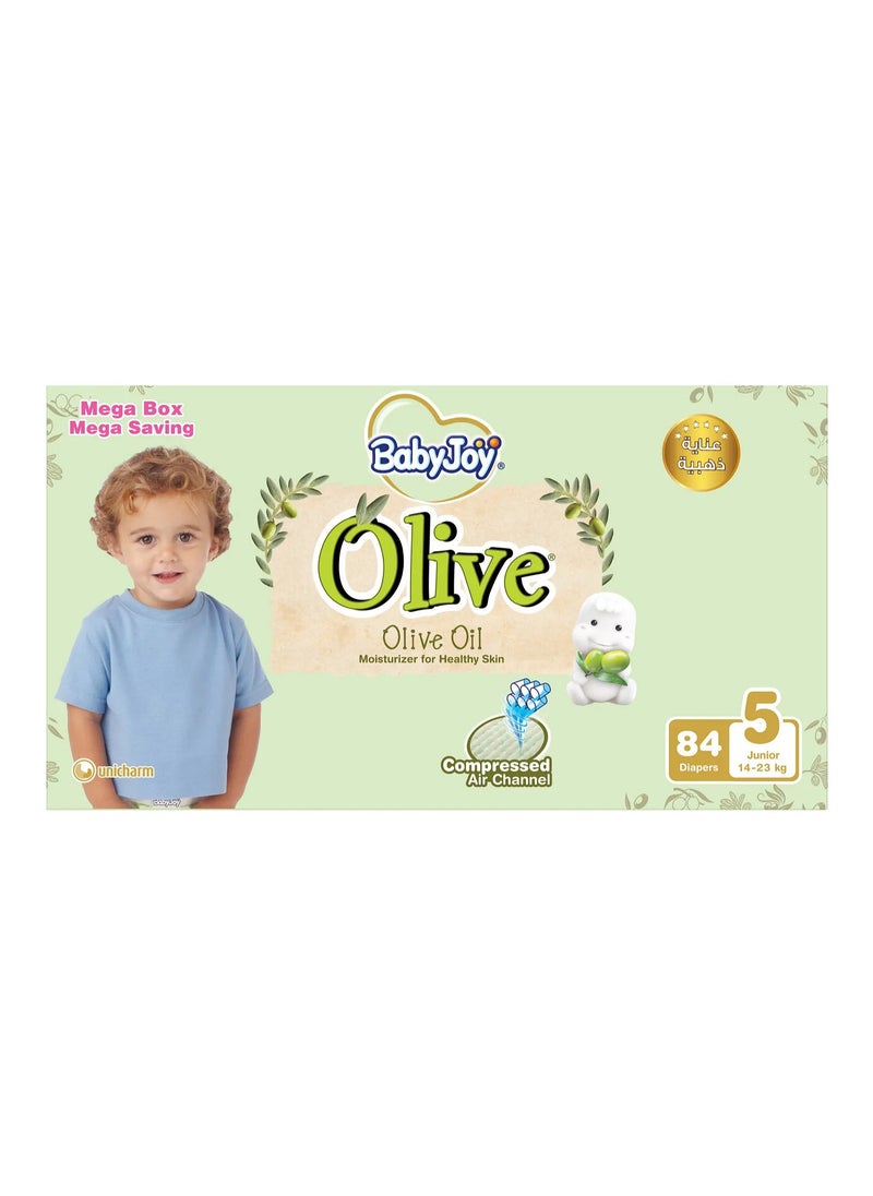 BabyJoy Olive Tape Style Diapers, 84 Pieces, Junior Size 5 Mega Box, 14-23kg - Gentle Olive Moisturising, Breathable, Compressed Air Channel