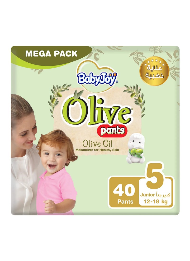 BabyJoy Olive Pant Style Diapers, 40 Pieces Mega Pack, Junior Size 5, 12 to 18kg - Breathable, Moisturizes, Compressed Air Channel, Waist Stretch