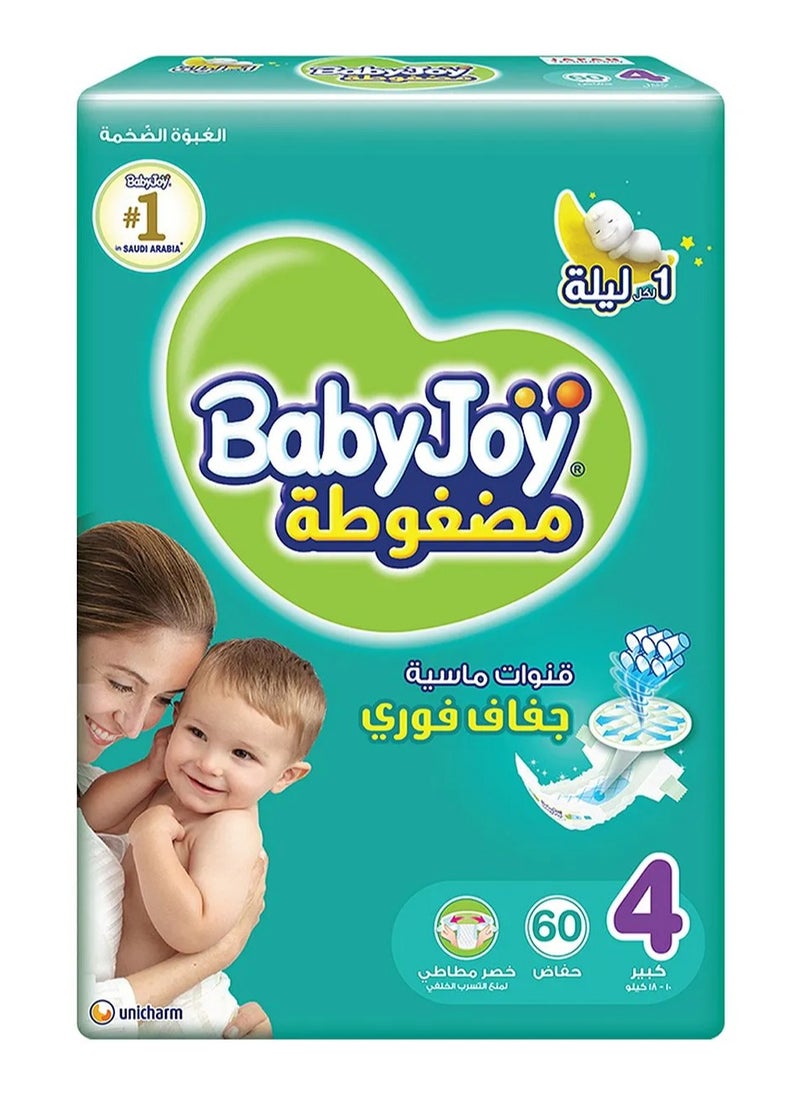 BabyJoy Compressed Diamond Pad Tape Style Diapers, 60 Pieces, Size 4 Large, 10 to 18kg - 12Hrs Leakage Protection, Cottony Soft, Waist Stretch, Breathable