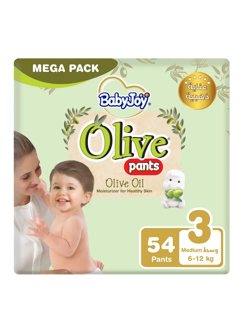 BabyJoy Olive Pant Style Diapers, 54 Pieces Mega Pack, Medium Size 3, 6 to 12kg - Breathable, Moisturizes, Compressed Air Channel, Waist Stretch