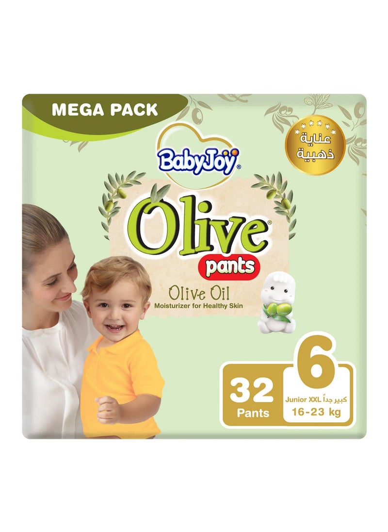 BabyJoy Olive Pant Style Diapers, 32 Pieces Mega Pack, Junior XXL Size 6, 16 to 23kg - Breathable, Moisturizes, Compressed Air Channel, Waist Stretch