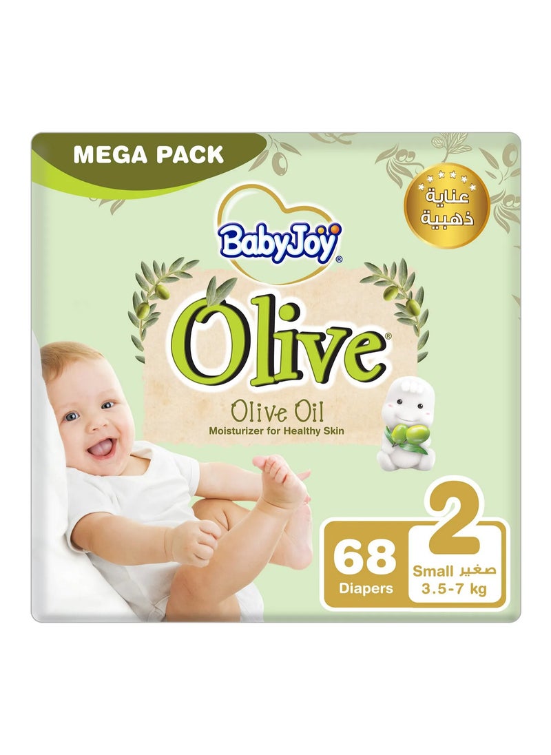 BabyJoy Olive Tape Style Diapers, 68 Pieces, Small Size 2 Mega Pack, 3.5-7kg - Gentle Olive Moisturising, Breathable, Compressed Air Channel