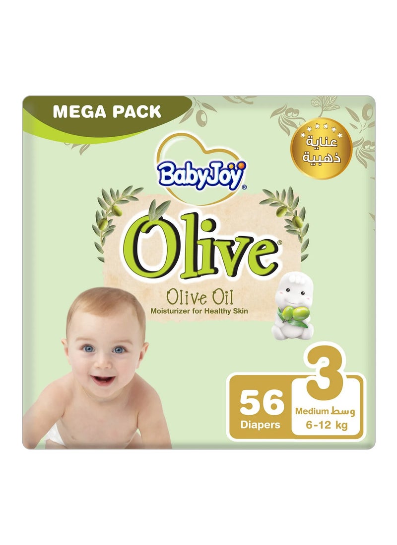 BabyJoy Olive Tape Style Diapers, 112 Pieces, Medium Size 3 Mega Pack, 6-12kg - Gentle Olive Moisturising, Breathable, Compressed Air Channel