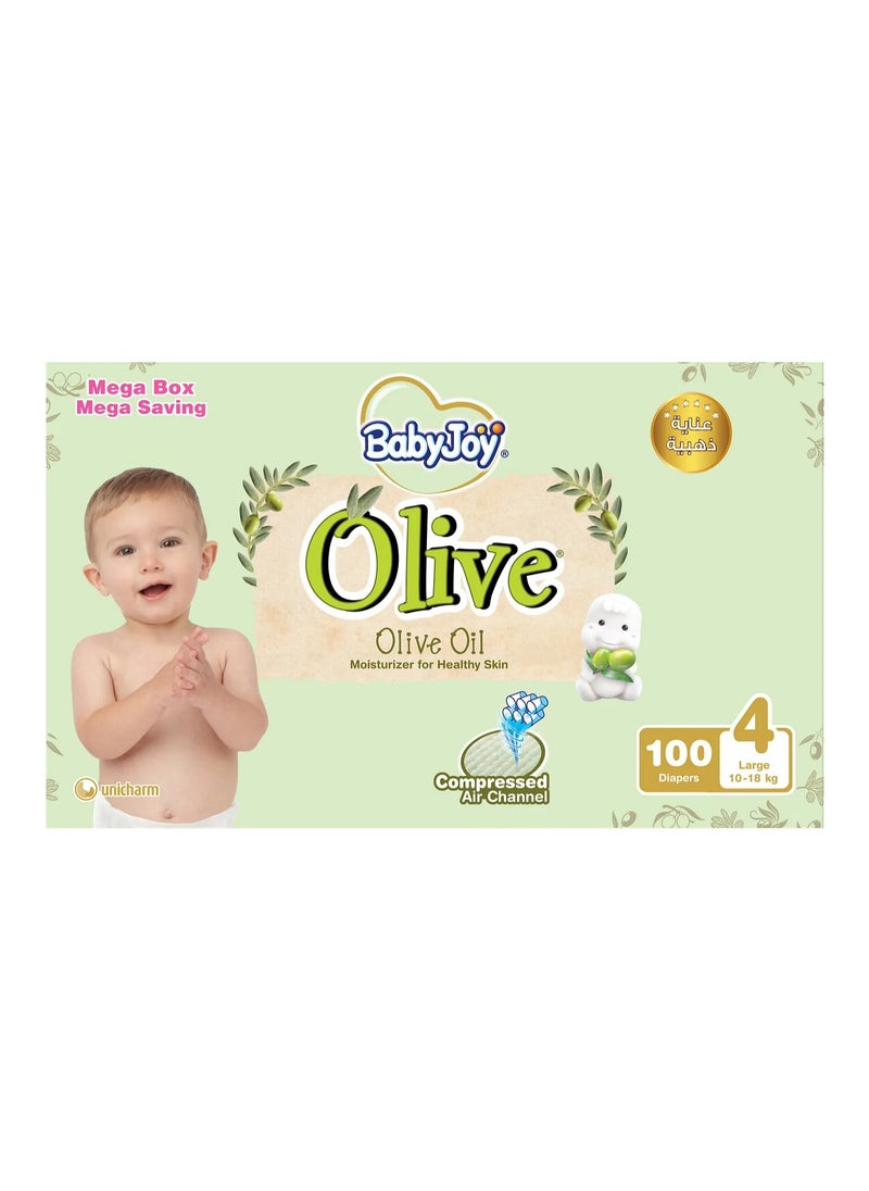 BabyJoy Olive Tape Style Diapers, 100 Pieces, Large Size 4 Mega Box, 10-18kg - Gentle Olive Moisturising, Breathable, Compressed Air Channel