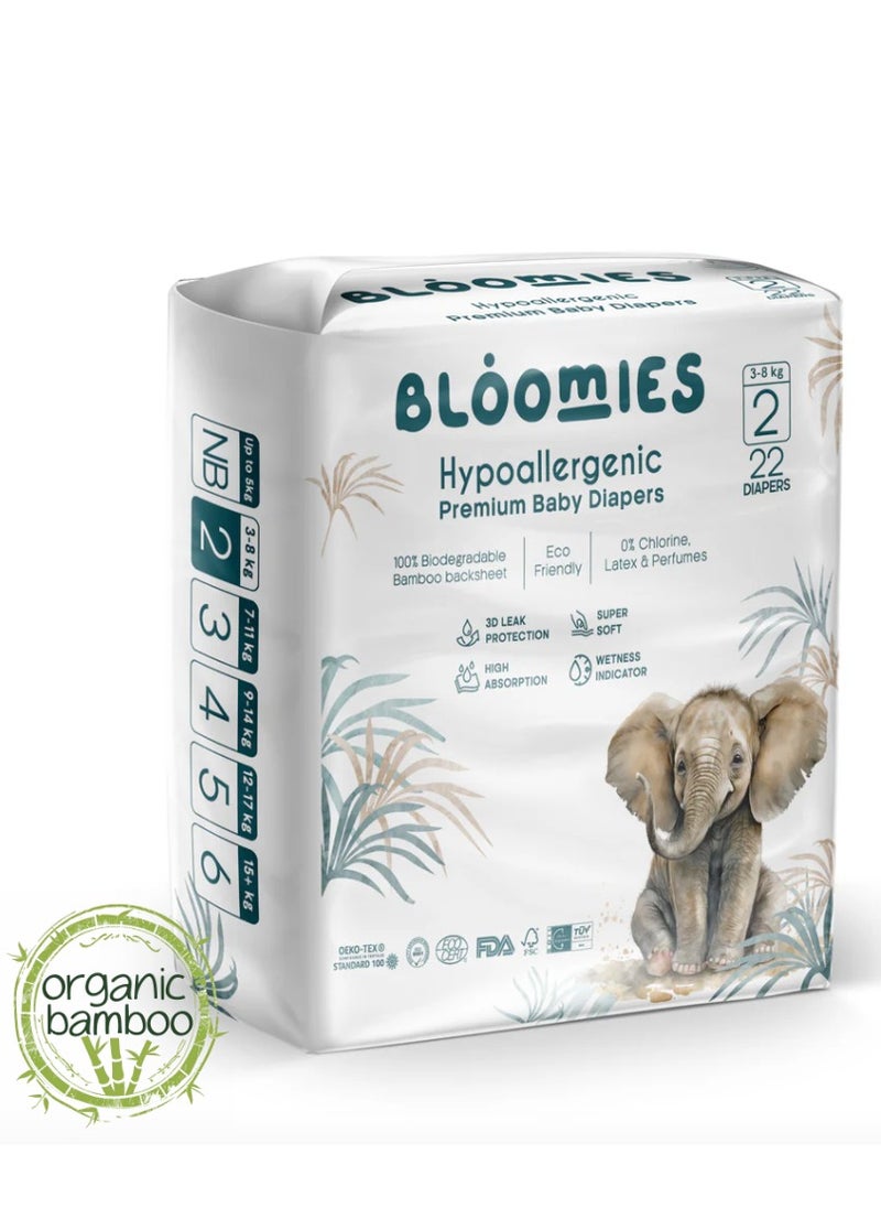 Premium Baby Diapers with wetness indicator | Eco-friendly and Hypoallergenic Nappies Made with 100% Bamboo Size 2 for babies 3-8kg x 22pcs