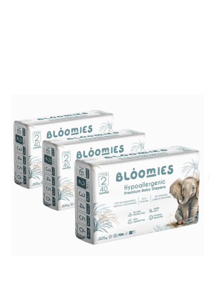 Premium Baby Diapers with wetness indicator | Eco-friendly and Hypoallergenic Nappies Made with 100% Bamboo | Nappies Size 2 for babies 3-8kg x 40pcs x 3