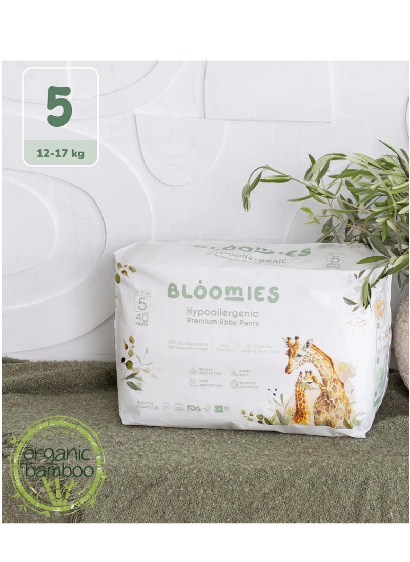 Bloomies Premium Baby Pants with wetness indicator | Eco-friendly and Hypoallergenic Nappy Pants Made with 100% Bamboo | Baby Pants Size 5 for babies 12-17kg x 40pcs