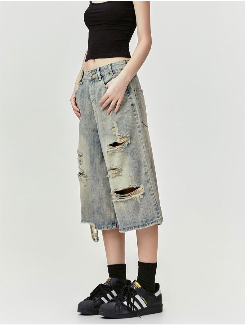 MADEEXTREME Vintage Washed Distressed Cropped Shorts