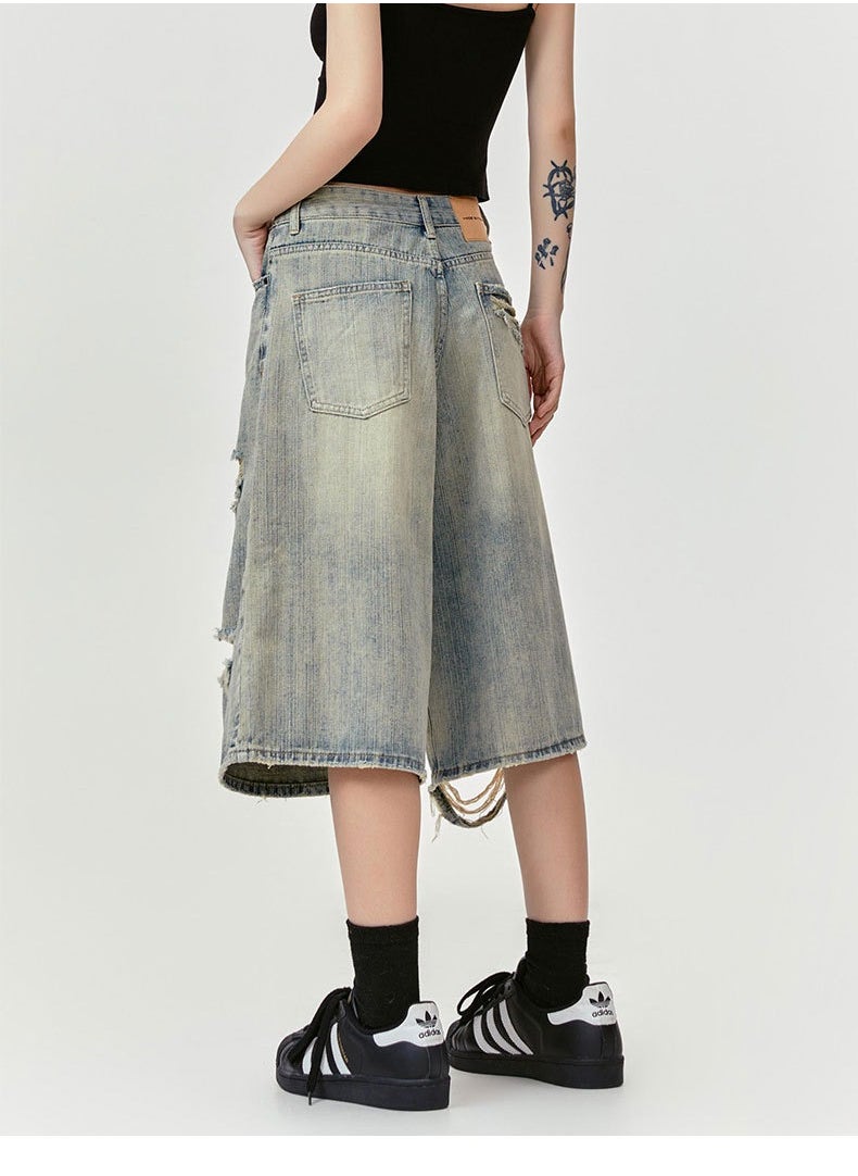 MADEEXTREME Vintage Washed Distressed Cropped Shorts