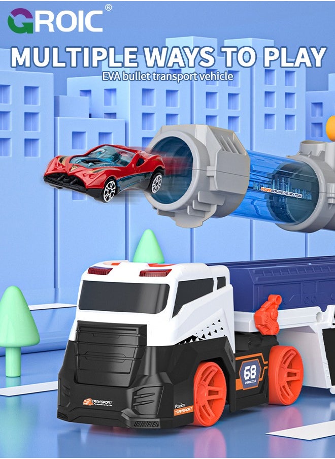 Truck Toys for Kids, Truck Launcher Toys, Large Car Toys Include 4 Racing Cars+6 Ball, with Light & Sounds, Eejection & Shooting Transport Cars Toy, Soft Ball & Car Launcher Truck Toys