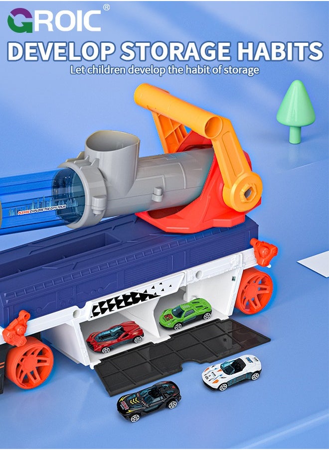 Truck Toys for Kids, Truck Launcher Toys, Large Car Toys Include 4 Racing Cars+6 Ball, with Light & Sounds, Eejection & Shooting Transport Cars Toy, Soft Ball & Car Launcher Truck Toys