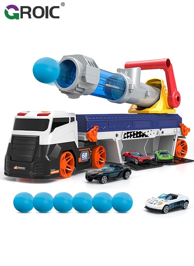 Truck Toys for Kids, Truck Launcher Toys, Large Car Toys Include 4 Racing Cars+6 Ball, with Light & Sounds, Eejection & Shooting Transport Cars Toy, Soft Ball & Car Launcher Truck Toys