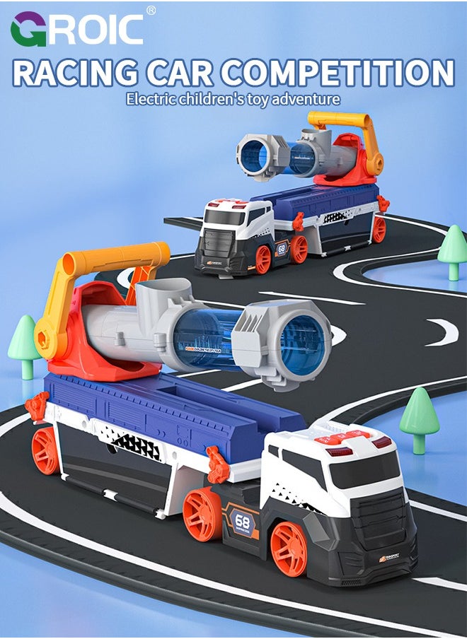 Truck Toys for Kids, Truck Launcher Toys, Large Car Toys Include 4 Racing Cars+6 Ball, with Light & Sounds, Eejection & Shooting Transport Cars Toy, Soft Ball & Car Launcher Truck Toys