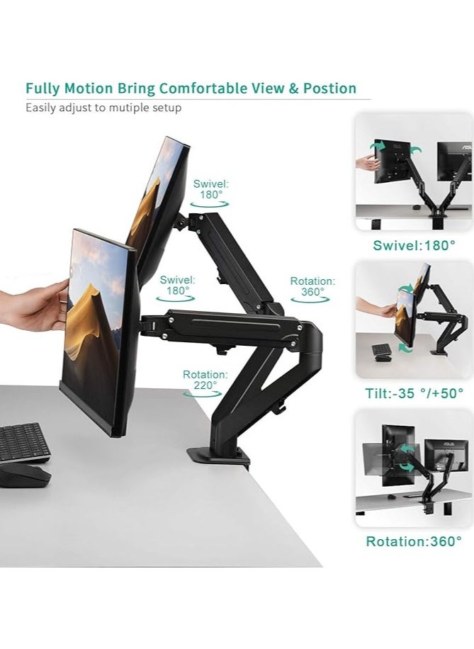 Dual Arm Monitor Desk Mount Height Adjustable, Tilt, Swivel, Counterbalance Gas Spring Stand | VESA Bracket Arm Fits Most Screens 13