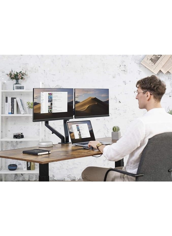 Dual Arm Monitor Desk Mount Height Adjustable, Tilt, Swivel, Counterbalance Gas Spring Stand | VESA Bracket Arm Fits Most Screens 13