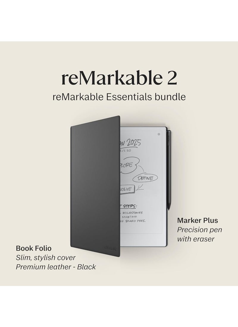 reMarkable 2 Bundle – reMarkable 2 Paper Tablet | Includes 10.3” reMarkable Tablet, Marker Plus Pen with Eraser, Book Folio Cover in Black Leather