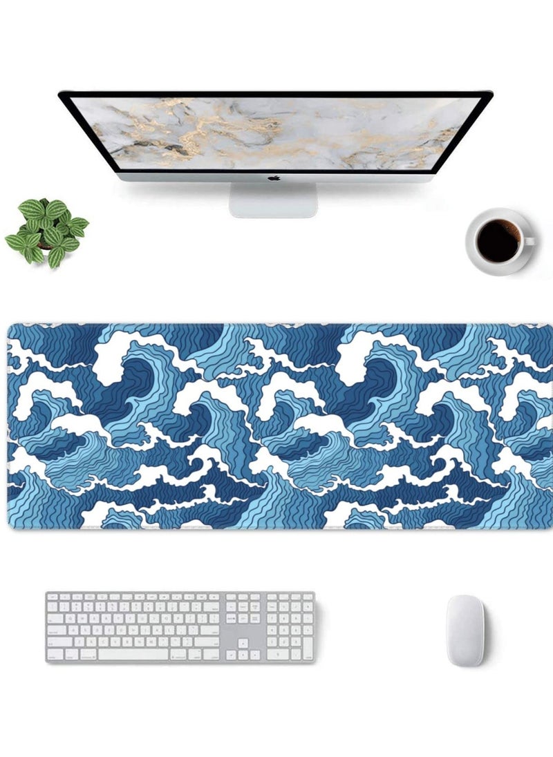 Japanese Blue and White Wave Extended Mouse Pad 31.5x11.8 Inch Wave Desk Mousepad Extended Large Non-Slip Rubber Base Waterproof Big Keyboard Mat with Stitched Edges for Gaming and Office