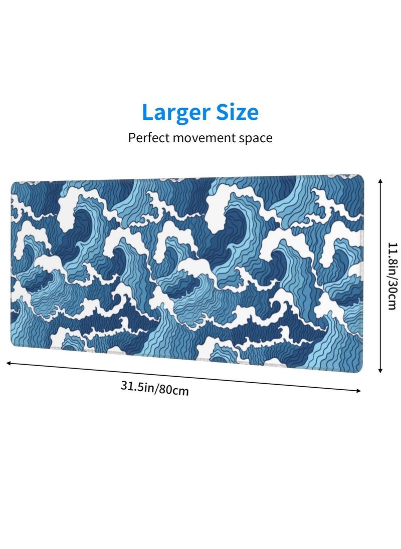 Japanese Blue and White Wave Extended Mouse Pad 31.5x11.8 Inch Wave Desk Mousepad Extended Large Non-Slip Rubber Base Waterproof Big Keyboard Mat with Stitched Edges for Gaming and Office