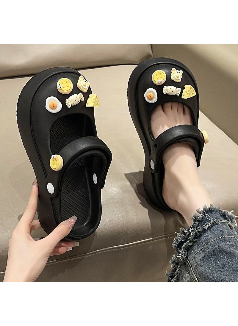 Summer Womens Elevated Beach Clogs Slip-Resistant Couple SandalsMary Jane [black] Egg yolk pie pair Mary Jane [black] Egg yolk pie pair