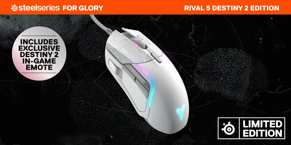 Rival 5 Destiny 2 Edition Wired Optical Mouse, With RGB Lighting, 40G Acceleration, 1000Hz / 1 ms Polling Rate, 9 Buttons, 100-18000 CPI Increments, Gray | 62552