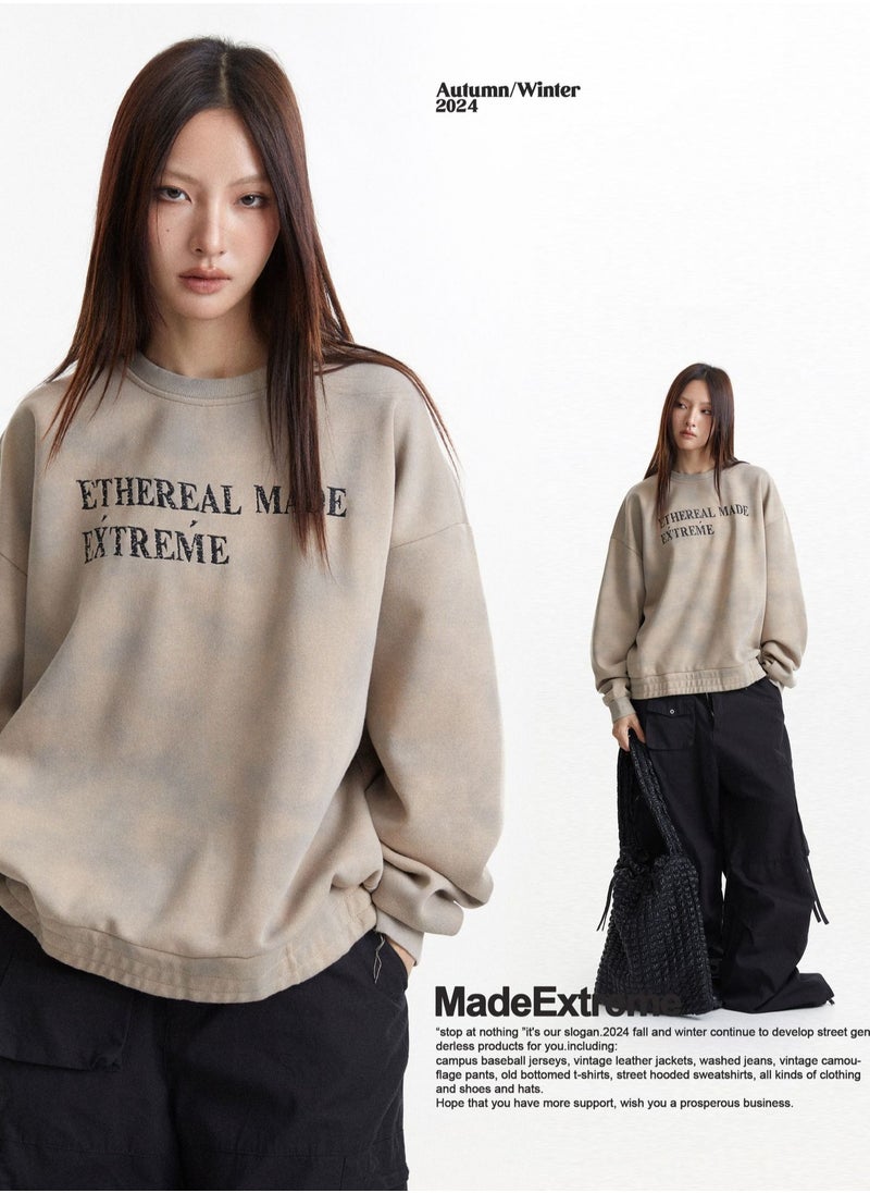 MADEEXTREME Washed Worn Letter Round Neck Hoodie