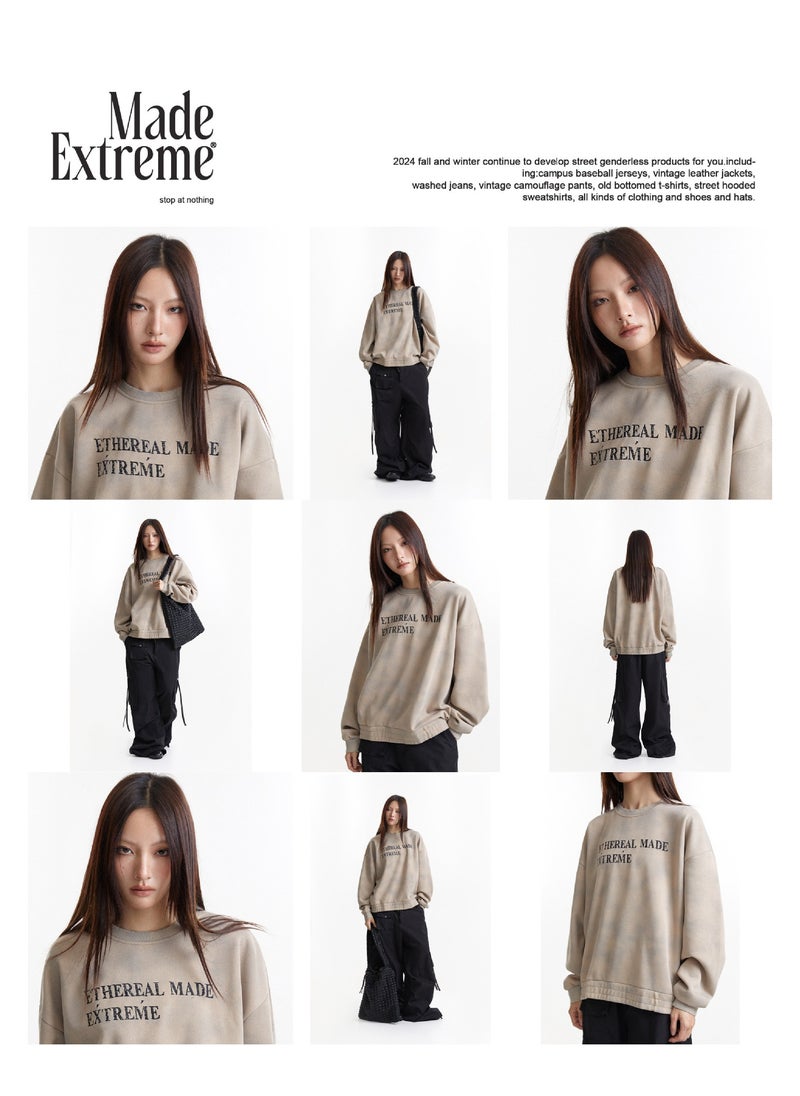 MADEEXTREME Washed Worn Letter Round Neck Hoodie