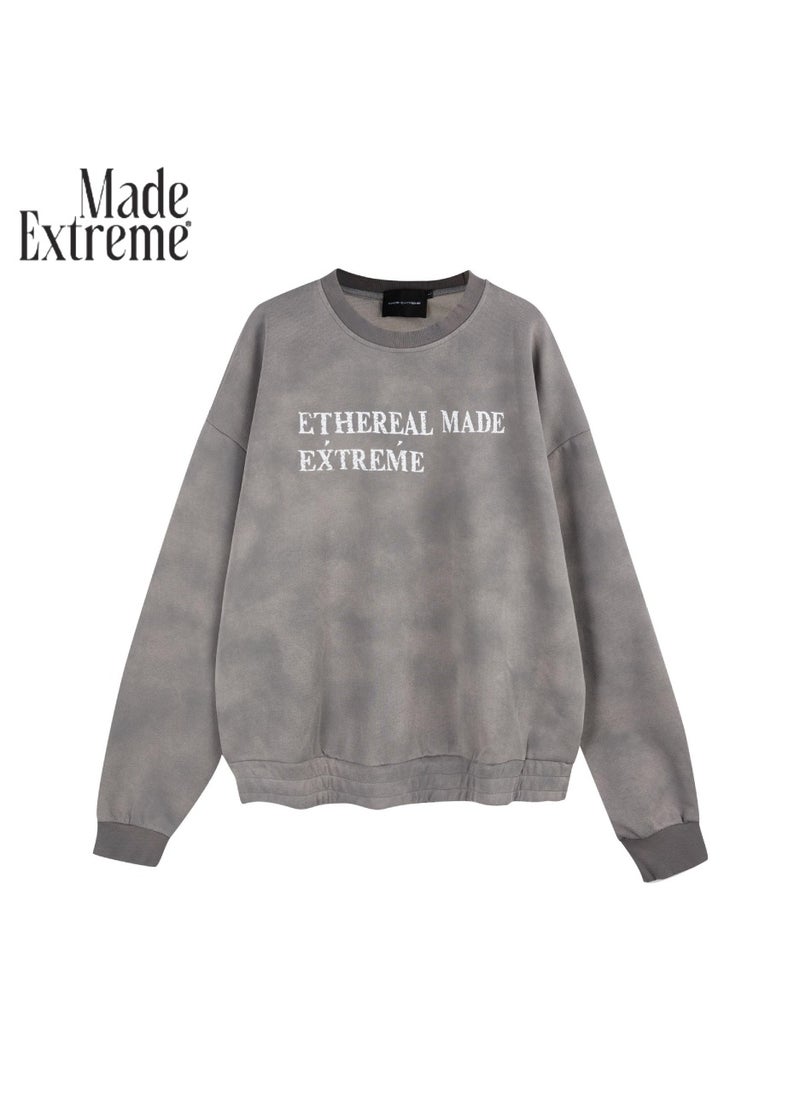 MADEEXTREME Washed Worn Letter Round Neck Hoodie