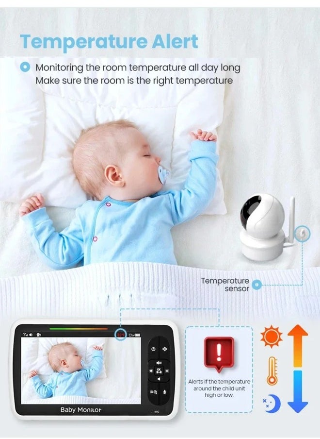 Video Baby Monitor 5 Inch Baby Monitor with with Camera and Audio Two-Way Audio Night Vision VOX Mode Temperature Monitoring Lullabies Playing and 960ft Range