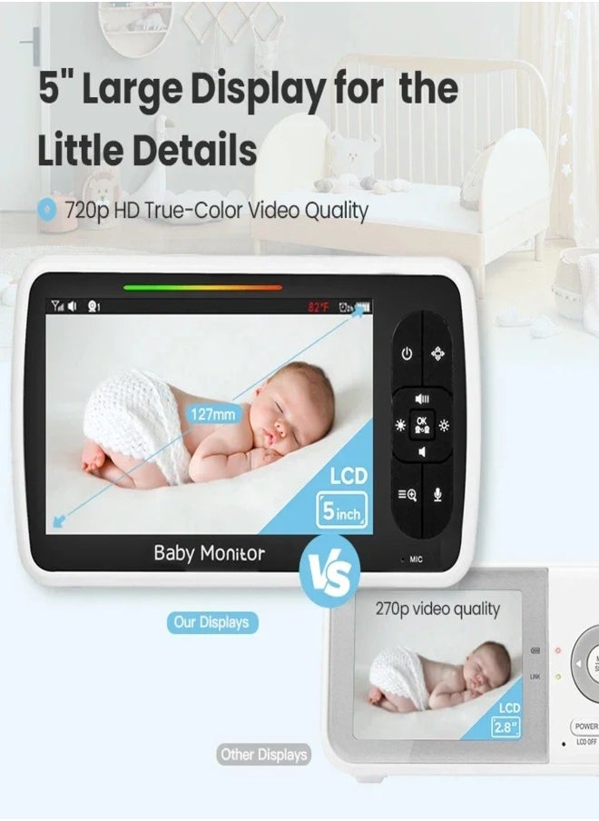 Video Baby Monitor 5 Inch Baby Monitor with with Camera and Audio Two-Way Audio Night Vision VOX Mode Temperature Monitoring Lullabies Playing and 960ft Range