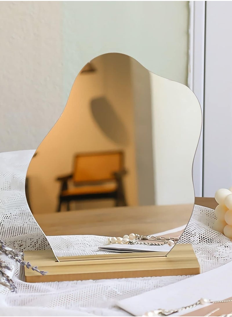 Acrylic Makeup Mirror Frameless Decorative Vanity Table Mirror with Wooden Base, Irregular Aesthetic Vanity Mirror, Dressing Table Mirror for Bedroom, Home, and Room Decor - Cloud Shape