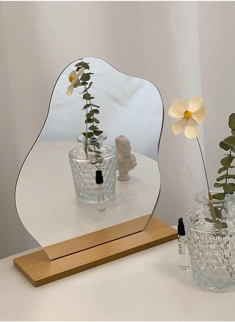 Acrylic Makeup Mirror Frameless Decorative Vanity Table Mirror with Wooden Base, Irregular Aesthetic Vanity Mirror, Dressing Table Mirror for Bedroom, Home, and Room Decor - Cloud Shape