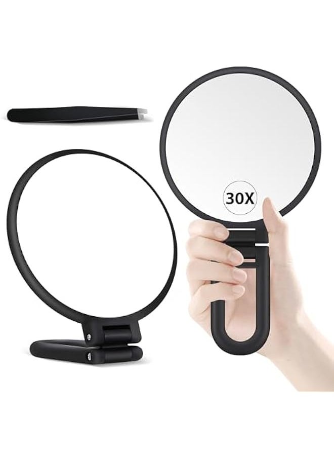 30X Magnifying Mirror, Hand Mirror with Handle, Double Sided Hand Mirror with 30X/1X Magnification, Essential Travel Mirror, Portable Foldable Makeup Mirror for Precision Makeup Black