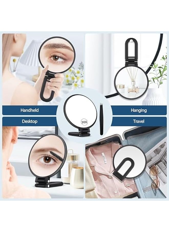 30X Magnifying Mirror, Hand Mirror with Handle, Double Sided Hand Mirror with 30X/1X Magnification, Essential Travel Mirror, Portable Foldable Makeup Mirror for Precision Makeup Black