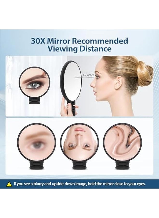 30X Magnifying Mirror, Hand Mirror with Handle, Double Sided Hand Mirror with 30X/1X Magnification, Essential Travel Mirror, Portable Foldable Makeup Mirror for Precision Makeup Black