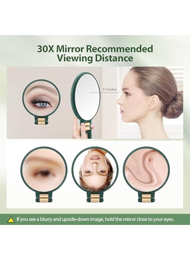 Handheld Magnifying Mirror, Double Sided Travel Magnifying Mirror with 30X/1X Magnification, 360°Adjustable Handle and Precision Tweezers, Portable Multi-Purpose Makeup Mirror Green