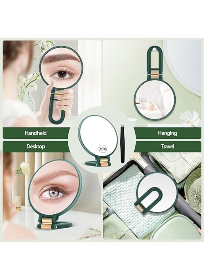 Handheld Magnifying Mirror, Double Sided Travel Magnifying Mirror with 30X/1X Magnification, 360°Adjustable Handle and Precision Tweezers, Portable Multi-Purpose Makeup Mirror Green