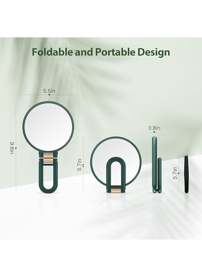 Handheld Magnifying Mirror, Double Sided Travel Magnifying Mirror with 30X/1X Magnification, 360°Adjustable Handle and Precision Tweezers, Portable Multi-Purpose Makeup Mirror Green