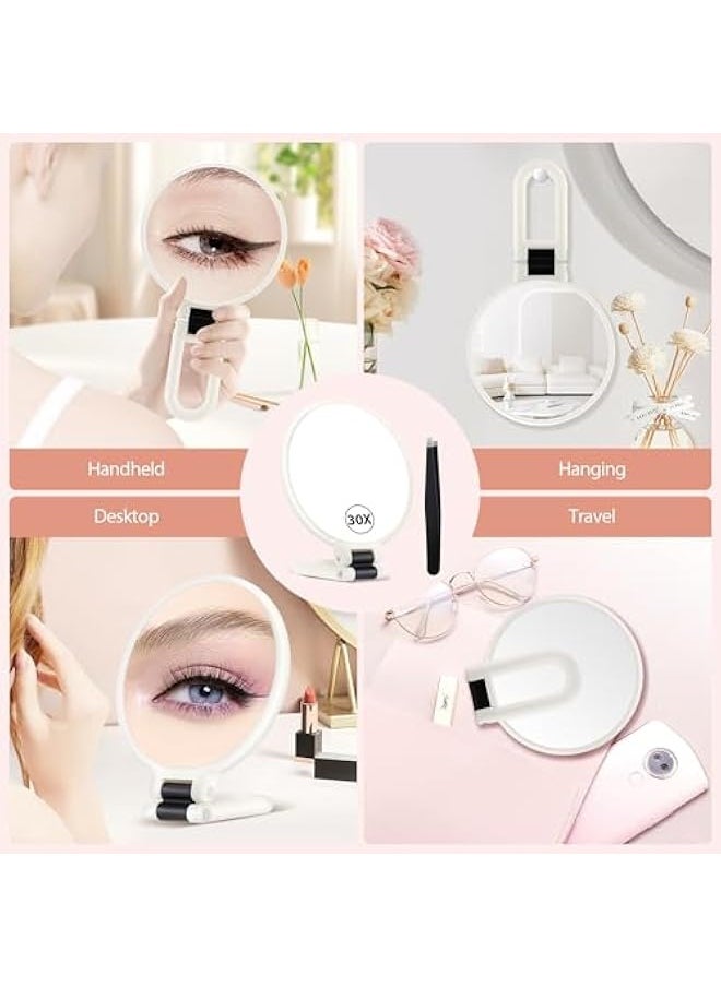 Hand Mirror, 30X Magnifying Mirror on Stand, Double Sided Magnifying Mirror with 30X/1X Magnification, 360°Adjustable Handle, Portable Travel Makeup Mirror for Eyebrow Plucking White