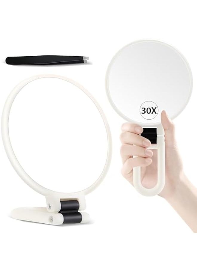 Hand Mirror, 30X Magnifying Mirror on Stand, Double Sided Magnifying Mirror with 30X/1X Magnification, 360°Adjustable Handle, Portable Travel Makeup Mirror for Eyebrow Plucking White