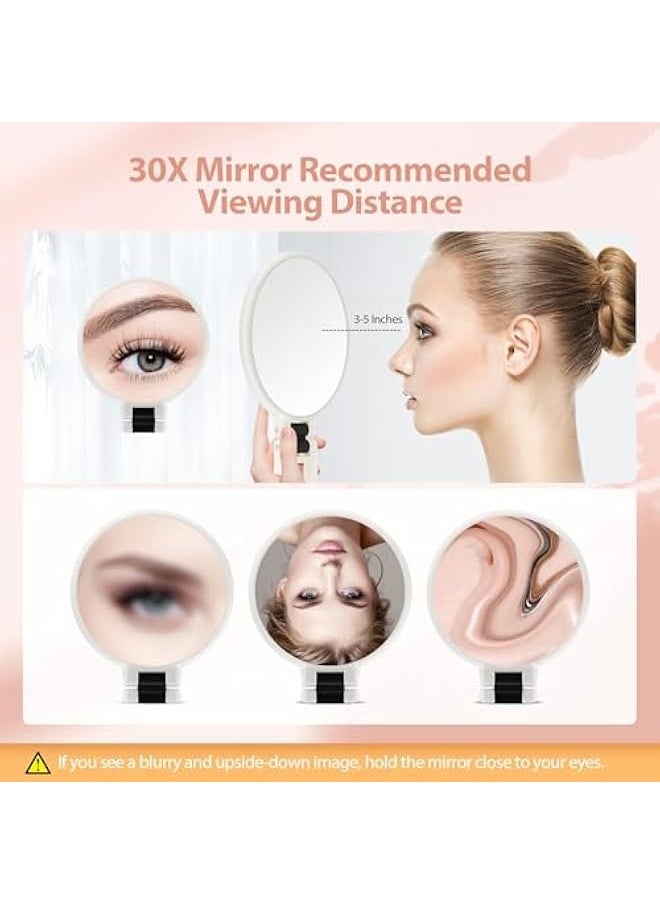 Hand Mirror, 30X Magnifying Mirror on Stand, Double Sided Magnifying Mirror with 30X/1X Magnification, 360°Adjustable Handle, Portable Travel Makeup Mirror for Eyebrow Plucking White