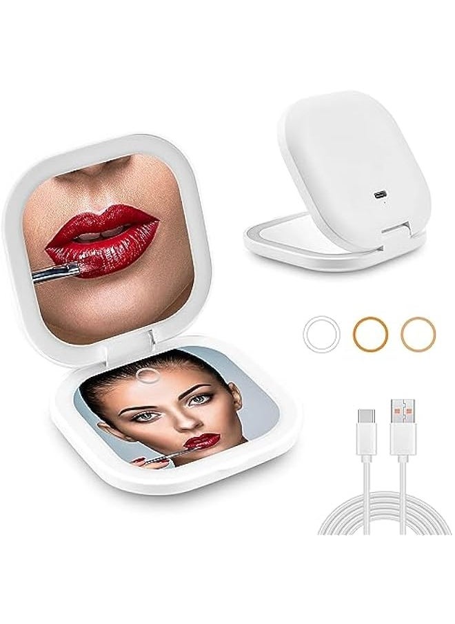 Led Compact Mirror 1x/10x Magnification Mini Mirror Rechargeable Makeup Mirror with Lights Portable Travel Mirror with 3 Light Colors and Dimmable White