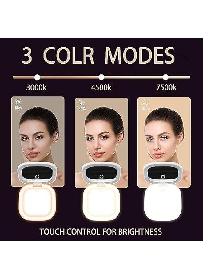 Led Compact Mirror 1x/10x Magnification Mini Mirror Rechargeable Makeup Mirror with Lights Portable Travel Mirror with 3 Light Colors and Dimmable White