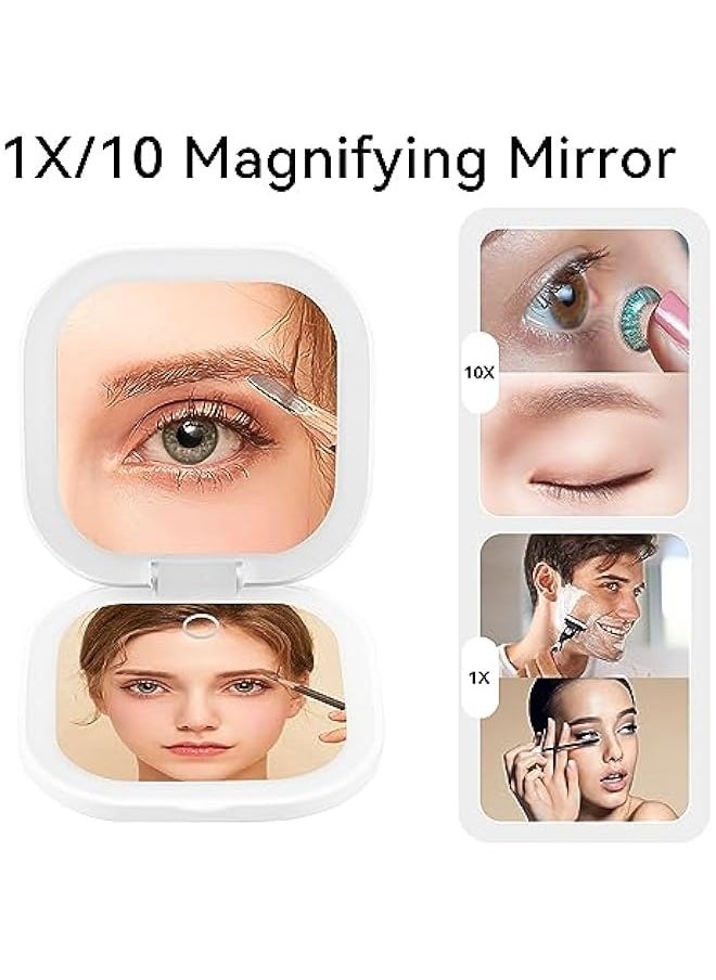 Led Compact Mirror 1x/10x Magnification Mini Mirror Rechargeable Makeup Mirror with Lights Portable Travel Mirror with 3 Light Colors and Dimmable White